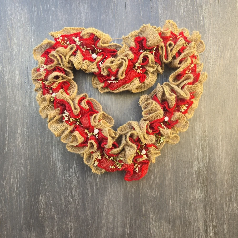 Handmade Rustic Heart-Shaped Burlap and Red Wreath Valentine's Day Wall Hanger